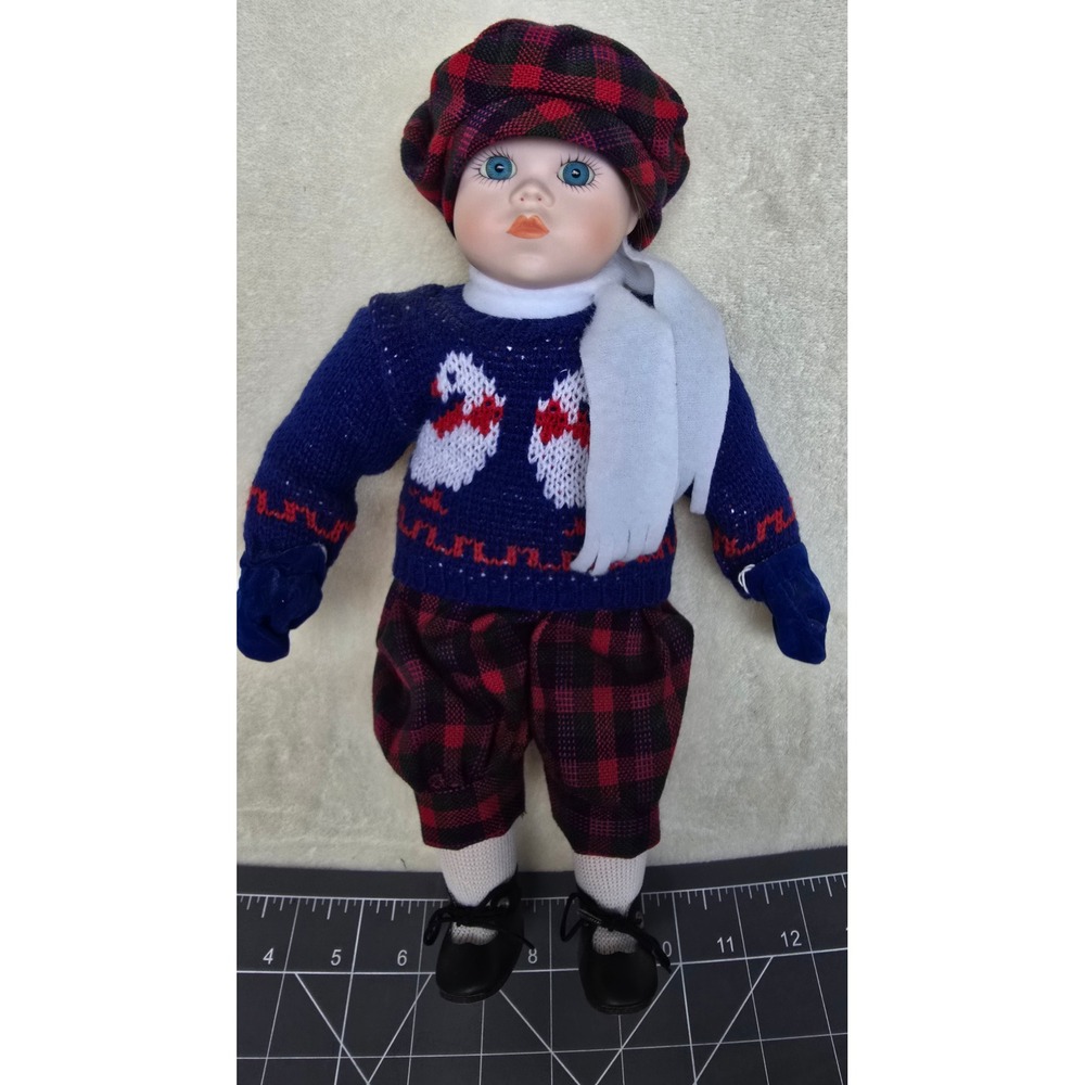 Vintage 1992 Heritage Dolls Porcelain Doll Winter Swan Sweater Plaid Outfit 12"